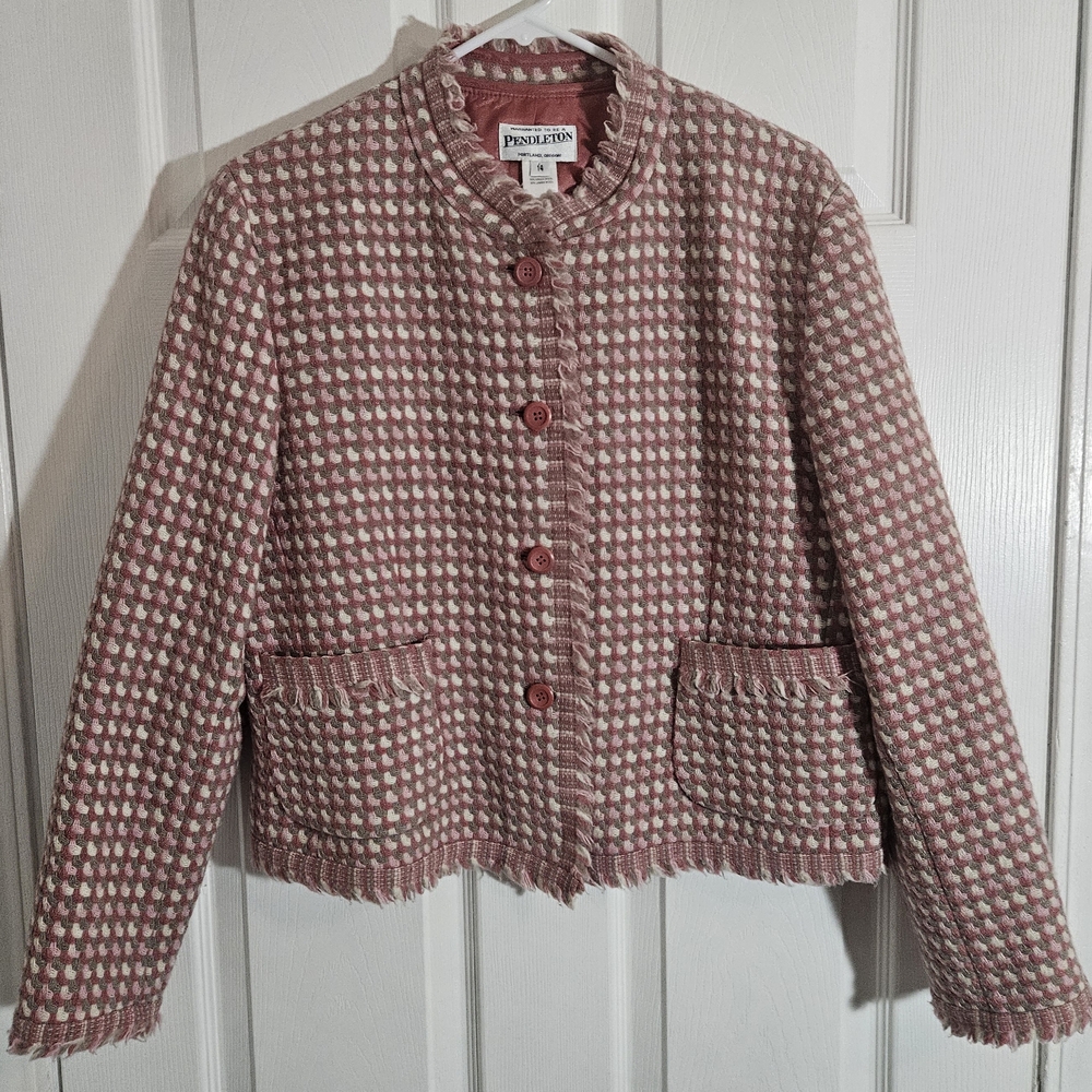 Vintage Collector Pendleton Women Size 14 Rose Fringed Front Button Wool Blazer